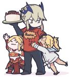  3girls artoria_pendragon_(all) artoria_pendragon_(lancer_alter) bare_shoulders betchan black_gloves blonde_hair cake closed_eyes clothes_writing commentary_request dual_persona english fate/grand_order fate_(series) food gloves hand_on_another&#039;s_head holding holding_plate horns midriff mordred_(fate) mordred_(fate)_(all) mordred_(swimsuit_rider)_(fate) mother_and_daughter multiple_girls plate ponytail reaching red_shirt sandals shirt t-shirt tan white_background yellow_eyes younger 