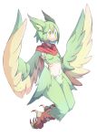  1girl 4139 animal_ears blush breasts claws feathered_wings feathers green_feathers green_hair harpy highres midriff monster_girl navel original pointy_ears scarf simple_background small_breasts smile solo tail_feathers talons winged_arms wings yellow_eyes yellow_feathers 