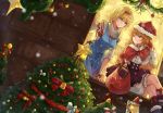  2girls aili_(aliceandoz) alice_margatroid arm_support bloomers blue_eyes christmas christmas_ornaments christmas_tree dutch_angle fur-trimmed_capelet hat jewelry kirisame_marisa legs_crossed multiple_girls necklace one_eye_closed sack santa_hat short_hair touhou underwear yellow_eyes 