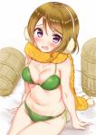  1girl artist_name bico_(bicoris) bikini blush breasts brown_hair cleavage collarbone commentary_request earmuffs green_bikini highres koizumi_hanayo love_live! love_live!_school_idol_project midriff navel open_mouth scarf short_hair side-tie_bikini sitting solo sweatdrop swimsuit violet_eyes yellow_scarf 