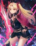  1girl bangs black_dress black_legwear black_leotard blonde_hair blue_nails bow breasts cape closed_mouth commentary_request dress earrings ereshkigal_(fate/grand_order) fate/grand_order fate_(series) floating_hair glowing glowing_weapon hair_bow hand_on_hip highres holding holding_weapon hoop_earrings jewelry leotard light_particles long_hair long_sleeves looking_at_viewer nail_polish parted_bangs print_dress print_leotard red_bow red_cape red_eyes shiny shiny_hair skull small_breasts smile solo sparkle spine standing thigh-highs tsurime two_side_up weapon wind yukihama 