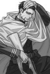  1boy arm_up black_hair cape facial_hair facial_scar golden_kamuy greyscale gun hair_slicked_back hand_in_hair hand_on_head hand_on_own_head holding holding_gun holding_weapon komo_(sleepy) male_focus military military_uniform monochrome ogata_hyakunosuke rifle scar scar_on_cheek short_hair solo undercut uniform weapon 