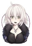  1girl absurdres bangs blue_coat breasts cleavage coat collarbone eyebrows eyelashes facing_viewer fangs fate/grand_order fate_(series) fur_collar hair_between_eyes highres jeanne_d&#039;arc_(alter)_(fate) jeanne_d&#039;arc_(fate)_(all) jewelry looking_at_viewer medium_breasts necklace open_clothes open_coat open_mouth plant short_hair solo teeth thorns upper_body vines white_hair white_skin yellow_eyes yutazou 