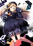  1girl :o abigail_williams_(fate/grand_order) bangs black_bow black_dress black_hat blonde_hair blue_eyes blush bow butterfly card commentary_request diamond_(shape) dress eyebrows_visible_through_hair fate/grand_order fate_(series) hair_bow hat heart highres holding long_sleeves looking_at_viewer orange_bow parted_bangs parted_lips pocket_watch polka_dot polka_dot_bow ruri_rarako sleeves_past_fingers sleeves_past_wrists solo teapot watch 