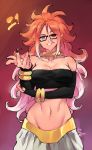  1girl android_21 bare_shoulders black_nails black_sclera blue_eyes bracelet breasts brown_hair cleavage detached_sleeves dragon_ball dragon_ball_fighterz earrings eyebrows eyebrows_visible_through_hair glasses groin harem_pants heterochromia highres hoop_earrings jewelry kenshin187 looking_at_viewer majin_android_21 messy_hair multicolored_hair nail_polish navel pants pink_skin pointy_ears red_eyes smile solo stomach strapless toned transformation tubetop 