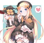 2girls abigail_williams_(fate/grand_order) bangs black_bow black_dress black_hat blonde_hair bloomers blue_eyes blush bow butterfly cai_li closed_mouth commentary_request dress dual_persona eyebrows_visible_through_hair fate/grand_order fate_(series) hair_bow hat hat_bow heart long_hair long_sleeves looking_at_viewer looking_to_the_side multiple_girls object_hug orange_bow pale_skin parted_bangs polka_dot polka_dot_bow polka_dot_hat red_eyes revealing_clothes sleeves_past_fingers sleeves_past_wrists smile spoken_heart stuffed_animal stuffed_toy teddy_bear underwear very_long_hair white_bloomers white_hair witch_hat 