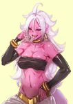 1girl android_21 black_sclera bow_(bhp) breasts cleavage dragon_ball dragon_ball_fighterz drawn jewelry large_breasts long_hair majin_android_21 messy_hair nail_polish navel open_mouth pink_skin red_eyes saliva saliva_trail smile solo stomach tongue tongue_out white_hair 
