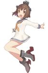  1girl :d ankle_boots bangs blue_sailor_collar blush boots brown_eyes brown_hair commentary_request dress eyebrows_visible_through_hair full_body grey_footwear headgear high_heel_boots high_heels jumping kantai_collection keemu_(occhoko-cho) long_sleeves looking_at_viewer neckerchief open_mouth sailor_collar sailor_dress short_hair simple_background smile solo speaking_tube_headset white_background yellow_neckwear yukikaze_(kantai_collection) 