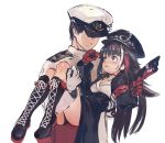  1boy 1girl admiral_(azur_lane) armband azur_lane black_hair black_panties blue_eyes blush boots carrying commentary_request cross-laced_footwear deutschland_(azur_lane) faceless faceless_male gloves gun hat igarashi_youhei long_hair military military_uniform open_mouth panties pantyshot peaked_cap princess_carry red_gloves sketch underwear uniform weapon white_gloves 