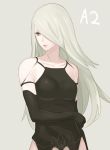  1girl black_bodysuit bodysuit breasts character_name commentary_request elbow_gloves gloves grey_background grey_eyes keemu_(occhoko-cho) large_breasts long_hair nier_(series) nier_automata parted_lips silver_hair simple_background solo upper_body yorha_type_a_no._2 
