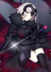  1girl armor armored_dress black_dress black_gloves black_legwear breasts chains dress fate/grand_order fate_(series) flag fur_trim gauntlets gloves headpiece highres jeanne_d&#039;arc_(alter)_(fate) jeanne_d&#039;arc_(fate)_(all) large_breasts looking_at_viewer nezumidoshi short_hair silver_hair solo sword thigh-highs weapon yellow_eyes 