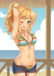  1girl adjusting_hair bangle bangs bare_arms bare_shoulders beach bikini bikini_under_clothes blonde_hair blue_eyes blue_sky blurry blurry_background blush bracelet breasts cleavage clouds collarbone cowboy_shot day denim denim_shorts depth_of_field eyebrows_visible_through_hair front-tie_bikini front-tie_top highres horizon idolmaster idolmaster_cinderella_girls jewelry kurisu-kun long_hair looking_at_viewer medium_breasts multicolored multicolored_bikini multicolored_clothes navel necklace ocean ootsuki_yui open_fly outdoors ponytail ribbon round_teeth shiny shiny_hair shiny_skin shore short_shorts shorts side-tie_bikini sky solo standing stomach striped striped_bikini swimsuit tareme teeth unbuttoned water white_ribbon 