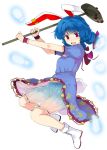  1girl animal_ears bare_arms bloomers blue_dress blue_hair boots dress drill_hair ear_clip full_body holding kine looking_at_viewer mallet puffy_short_sleeves puffy_sleeves puuakachan rabbit_ears red_eyes see-through seiran_(touhou) short_sleeves simple_background smile solo touhou underwear white_background white_footwear wrist_cuffs 