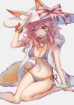  1girl animal_ears bikini blue_bikini breasts cleavage ears_through_headwear fate/grand_order fate_(series) fox_(770205490) fox_ears fox_tail grey_background hat highres large_breasts long_hair looking_at_viewer navel open_mouth pink_hair ribbon side-tie_bikini simple_background sitting solo sun_hat swimsuit tail tamamo_(fate)_(all) tamamo_no_mae_(swimsuit_lancer)_(fate) yellow_eyes 