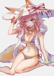  1girl animal_ears bikini blue_bikini breasts cleavage ears_through_headwear fate/grand_order fate_(series) fox_(770205490) fox_ears fox_tail grey_background hat highres large_breasts long_hair looking_at_viewer navel open_mouth pink_hair ribbon side-tie_bikini simple_background sitting solo sun_hat swimsuit tail tamamo_(fate)_(all) tamamo_no_mae_(swimsuit_lancer)_(fate) yellow_eyes 