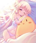  1girl azur_lane babydoll bangs bed_sheet blush breasts cleavage collarbone commentary eyebrows_visible_through_hair light_brown_hair long_hair lying medium_breasts navel on_side one_eye_closed orange_eyes panties parted_lips pillow sakurato_ototo_shizuku solo strap_slip striped striped_panties stuffed_animal stuffed_toy underwear very_long_hair z46_(azur_lane) 