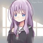  1girl bangs black_cardigan blue_eyes blush cardigan character_name closed_mouth colored_eyelashes eyebrows_visible_through_hair kanz long_hair long_sleeves looking_away purple_hair school_uniform sengoku_kamuri serafuku shirt sidelocks sleeves_past_wrists slow_start solo white_shirt 