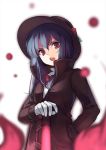  1girl :o alternate_costume alternate_headwear bangs blue_hair blurry bow bowtie brown_coat brown_hat coat depth_of_field eyebrows_visible_through_hair fedora from_below gloves gun hand_in_pocket hat hat_ornament highres hinanawi_tenshi holding holding_gun holding_weapon long_hair long_sleeves looking_at_viewer looking_down neetsr open_mouth red_bow red_eyes red_neckwear round_teeth simple_background solo teeth touhou upper_body v-shaped_eyebrows weapon white_background white_gloves 