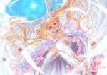  1girl animal_ears anniversary bettle_(b_s_a_n) blonde_hair blue_sky breasts bridal_gauntlets character_request copyright_name day dress earrings flower hair_flower hair_ornament heart heart_earrings jewelry long_hair looking_at_viewer magic rabbit_ears ribbon sennen_sensou_aigis shoes skirt sky small_breasts solo standing sun twintails very_long_hair white_dress white_feathers white_legwear white_ribbon white_skirt white_wings winged_shoes wings 