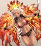 1girl armpits bangle bare_shoulders belt bikini black_bikini_bottom bracelet breasts brown_background character_request cleavage closed_mouth cowboy_shot dark_skin earrings facial_scar fate/grand_order fate_(series) feathers forehead fur_trim hair_feathers highres holding holding_weapon hoop_earrings jewelry large_breasts lips long_hair looking_at_viewer low-tied_long_hair mismatched_bikini navel necklace outstretched_arms ponytail re_lucy red_bikini_top red_eyes scar scar_across_eye shiny shiny_skin simple_background solo spread_arms standing stomach swimsuit thighs toned tooth_necklace very_long_hair weapon 
