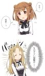  2girls absurdres bangs beatrice_(princess_principal) black_dress black_neckwear blonde_hair blush bow bowtie brown_eyes brown_hair closed_eyes closed_mouth double_bun dress eyebrows_visible_through_hair hair_flaps highres long_hair merry_(168cm) multiple_girls open_mouth princess_(princess_principal) princess_principal school_uniform shirt side_bun sidelocks swimsuit translation_request very_long_hair white_background white_shirt 