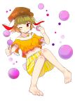  1girl animal_ears bare_legs bare_shoulders barefoot blonde_hair brown_hat closed_mouth dango eating food full_body hat holding jewelry looking_at_viewer midriff necklace one_eye_closed orange_shirt pearl_necklace puuakachan rabbit_ears red_eyes ringo_(touhou) shirt short_sleeves shorts smile solo touhou wagashi yellow_shorts 