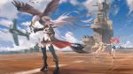  3girls ahoge aircraft aircraft_carrier azur_lane bailey_(azur_lane) bangs battleship bird blonde_hair boots breasts clouds cloudy_sky commentary cross-laced_footwear day deck detached_sleeves eagle eldridge_(azur_lane) enterprise_(azur_lane) eyebrows_visible_through_hair hat lace-up_boots long_hair looking_at_viewer lying mary_janes medium_breasts military military_vehicle miniskirt multiple_girls necktie ocean on_back open_mouth orange_eyes overalls panties peaked_cap puffy_detached_sleeves puffy_sleeves redhead rias-coast runway ship shirt shoes silver_hair skirt sky sleeveless smile thigh-highs twintails two_side_up underwear very_long_hair violet_eyes warship watercraft white_legwear white_panties 