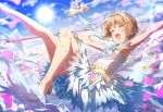  1girl :d ^_^ ^o^ antenna_hair armpit_peek blue_sky blush brown_hair card_captor_sakura closed_eyes clouds crown day dress gloves happy holding holding_wand kero kinomoto_sakura layered_dress legs legs_up midair no_socks open_mouth outstretched_arms petals petticoat shiny shiny_hair shiny_skin shoes short_hair sky sleeveless sleeveless_dress smile spread_arms sun sunlight wand white_dress white_footwear white_gloves white_wings wings zattape 