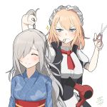 2girls alternate_costume apron bangs blonde_hair blue_eyes blue_kimono blush braid breasts closed_eyes closed_mouth eyebrows_visible_through_hair g36_(girls_frontline) g36c_(girls_frontline) girls_frontline hair_between_eyes hair_dryer hair_over_one_eye hair_tie_in_mouth half-closed_eyes holding_another&#039;s_hair holding_scissors jacket japanese_clothes kimono kong_(ksw2801) long_hair looking_at_another maid maid_apron maid_headdress medium_breasts mouth_hold multiple_girls necktie obi red_neckwear sash scissors shirt side_braid sidelocks signature silver_hair simple_background smile sparkle sweatdrop tsurime very_long_hair white_background white_shirt 