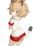  1girl :o animal_ears big_hair blonde_hair blush commentary_request cowboy_shot crossed_arms eyebrows_visible_through_hair from_behind fur_collar keemu_(occhoko-cho) kemono_friends lion_(kemono_friends) lion_ears lion_tail looking_at_viewer looking_back pleated_skirt red_skirt short_sleeves simple_background skirt solo standing tail tail_raised thigh-highs white_background white_legwear yellow_eyes 