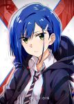  1girl ayano_yuu_(sonma_1426) blue_hair darling_in_the_franxx green_eyes hair_ornament hairclip highres hood hoodie ichigo_(darling_in_the_franxx) necktie short_hair solo 