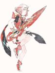  1girl breasts covered_navel earrings fingerless_gloves gloves hair_ornament highres pyra_(xenoblade) jewelry looking_at_viewer miusa red_eyes redhead short_hair shorts sidelocks simple_background solo sword tiara weapon white_background xenoblade xenoblade_2 