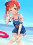  1girl ;p azur_lane bailey_(azur_lane) bare_shoulders beach blush boat breasts closed_mouth clouds collarbone day dutch_angle eyebrows_visible_through_hair hand_on_own_knee highres innertube knees_together_feet_apart long_hair looking_at_viewer multicolored multicolored_eyes off-shoulder_shirt one_eye_closed orange_hair outdoors overalls shirt side_ponytail sky small_breasts smile solo standing tongue tongue_out v wan_(calvin840203) water watercraft white_shirt 