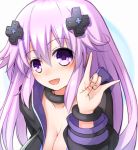  1girl :d \n/ adult_neptune blush breasts choker cleavage commentary_request d-pad d-pad_hair_ornament doria_(5073726) hood hooded_jacket jacket long_hair looking_at_viewer medium_breasts neptune_(series) open_mouth purple_hair shin_jigen_game_neptune_vii smile solo violet_eyes 