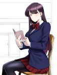  1girl black_eyes black_legwear blazer book bow bowtie breasts highres hisakabe_oune holding holding_book jacket komi-san_wa_komyusho_desu komi_shouko long_hair looking_at_viewer medium_breasts pantyhose school_uniform sitting sketch solo 