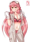  1girl akashi_(kantai_collection) bra breasts cleavage clipboard commentary_request contrapposto coveralls cowboy_shot dated frilled_bra frills gloves goggles goggles_on_head green_eyes hair_ribbon highres kanon_(kurogane_knights) kantai_collection logo long_hair navel open_clothes panties pink_hair polka_dot polka_dot_bra polka_dot_panties red_bra red_panties ribbon simple_background solo tongue tongue_out tress_ribbon underwear white_background wrench 