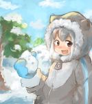  04271999 alternate_costume fang fur_trim gloves highres kemono_friends multicolored_hair parka small-clawed_otter_(kemono_friends) snow snowball steaming_breath zipper_pull_tab 