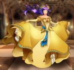  1girl bare_shoulders belt blue_ribbon blurry blurry_background bow bridal_gauntlets closed_eyes closed_mouth dancing dress faris_scherwiz final_fantasy final_fantasy_v floating_hair full_body gown hair_bow high_ponytail highres long_hair motion_blur outstretched_arms ponytail princess princesssarisa purple_hair ribbon sarisa_highwind_tycoon solo spread_arms very_long_hair yellow_bow yellow_dress 