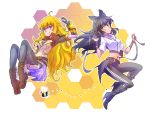  2girls :&lt; ahoge bee bike_shorts black_hair black_ribbon blake_belladonna blonde_hair boots breasts cleavage cropped_legs ember_celica_(rwby) gambol_shroud hair_ribbon high_heel_boots high_heels highres iesupa kneehighs long_hair medium_breasts multiple_girls ribbon rwby sketch thigh-highs thighs violet_eyes waist_cape white_background yang_xiao_long yellow_eyes 