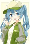  1girl 39 aqua_eyes aqua_hair baseball_cap blush_stickers collarbone commentary glitch green_headwear green_jacket hand_in_pocket hand_up hat hatsune_miku highres jacket kusunokimizuha long_hair looking_at_viewer open_mouth shirt smile solo teeth twintails upper_body upper_teeth_only very_long_hair vocaloid waving white_shirt yellow_background 