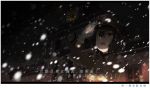  1girl akitsu_maru_(kantai_collection) black_hair black_jacket commentary_request dark_background gloves hat jacket kantai_collection kitsuneno_denpachi long_sleeves open_mouth peaked_cap remodel_(kantai_collection) salute shadow short_hair snowing solo translation_request upper_body 