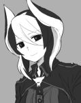  1girl bangs closed_mouth collared_jacket eyebrows_visible_through_hair grey_background greyscale hair_between_eyes head_tilt highres horns jacket looking_at_viewer made_in_abyss merry_(168cm) monochrome multicolored_hair ozen sidelocks simple_background smile solo streaked_hair two-tone_hair whistle wing_collar 