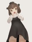  1girl :o black_dress blush brown_eyes brown_hair commentary_request dress from_below grey_background grey_sweater headgear kantai_collection keemu_(occhoko-cho) long_sleeves looking_at_viewer looking_down round_teeth short_dress simple_background solo speaking_tube_headset teeth yukikaze_(kantai_collection) 