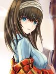  1girl :d bangs blue_eyes blue_sweater book breasts brown_hair commentary_request from_side hair_between_eyes hairband holding holding_book idolmaster idolmaster_cinderella_girls indoors long_hair looking_at_viewer looking_to_the_side medium_breasts nannacy7 open_book open_mouth sagisawa_fumika shawl smile solo sweater tareme upper_body 