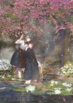  2girls brown_hair cherry_blossoms flower green_eyes hand_holding highres kippu kneehighs kneeling long_hair long_skirt looking_at_viewer multiple_girls original outdoors pond shoes_removed short_hair skirt soaking_feet standing violet_eyes 