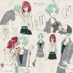  ahoge alternate_costume androgynous artist_request bag baseball_cap belt blush contemporary drink green_eyes green_hair hand_holding hat houseki_no_kuni kiss overalls phosphophyllite red_eyes redhead shinsha_(houseki_no_kuni) short_hair shorts translation_request 