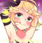  1girl :q arm_up armpits arms_behind_head asymmetrical_clothes asymmetrical_sleeves bare_shoulders blonde_hair blush bow breasts collarbone eyebrows_visible_through_hair green_eyes hair_bow hair_ornament hairclip kagamine_rin kawahara_chisato looking_at_viewer luvoratorrrrry!_(vocaloid) short_hair signature small_breasts smile striped_sleeves tongue tongue_out twitter_username upper_body vocaloid wavy_hair 