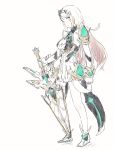  1girl armor blonde_hair breasts cleavage dress gloves highres mythra_(xenoblade) large_breasts long_hair looking_at_viewer miusa simple_background solo sword weapon white_background xenoblade xenoblade_2 yellow_eyes 
