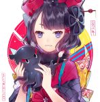  1girl animal bangs black_hair black_kimono blunt_bangs bow calligraphy_brush checkered_bow eyebrows_visible_through_hair fate/grand_order fate_(series) fingernails hair_ornament highres holding holding_animal ichinosenen japanese_clothes katsushika_hokusai_(fate/grand_order) kimono looking_at_viewer obi octopus paintbrush parted_lips sash short_hair smile solo translated upper_body v-shaped_eyebrows violet_eyes white_background yellow_bow 