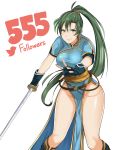  1girl breasts dress fingerless_gloves fire_emblem fire_emblem:_rekka_no_ken fire_emblem_heroes gloves green_eyes green_hair high_ponytail highres j@ck large_breasts long_hair looking_at_viewer lyndis_(fire_emblem) ponytail side_slit simple_background solo sword thighs weapon white_background 